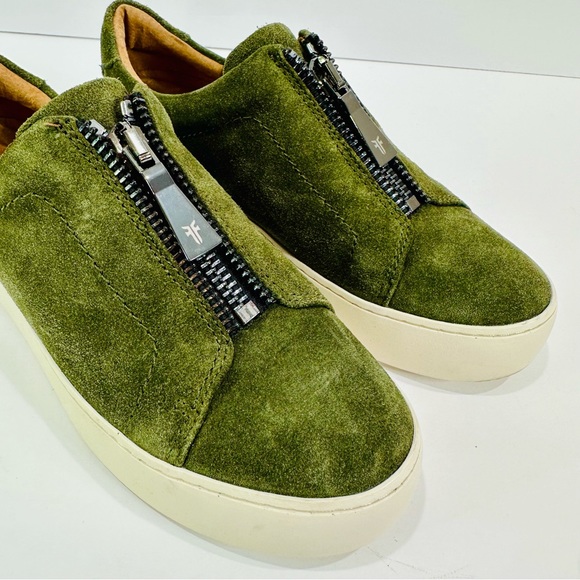 🎀 FRYE WOMENS OLIVE GREEN SUEDE ZIP UP SNEAKERS NEVER WORN SIZE 7 1/2 SLIP-ONS - Picture 7 of 10